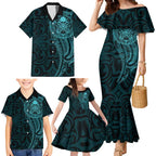 New Zealand Skull Darts Family Matching Mermaid Dress and Hawaiian Shirt Aotearoa Maori Chest Tattoo Stylized Teal - Aussie Hoodie