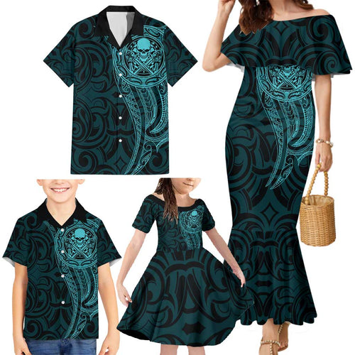New Zealand Skull Darts Family Matching Mermaid Dress and Hawaiian Shirt Aotearoa Maori Chest Tattoo Stylized Teal - Aussie Hoodie