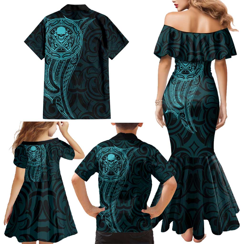 New Zealand Skull Darts Family Matching Mermaid Dress and Hawaiian Shirt Aotearoa Maori Chest Tattoo Stylized Teal - Aussie Hoodie