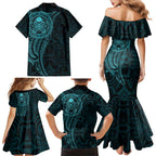 New Zealand Skull Darts Family Matching Mermaid Dress and Hawaiian Shirt Aotearoa Maori Chest Tattoo Stylized Teal - Aussie Hoodie