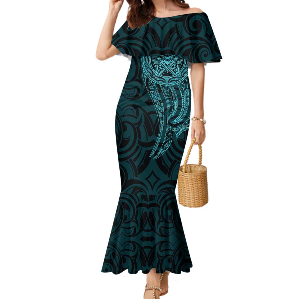 New Zealand Skull Darts Family Matching Mermaid Dress and Hawaiian Shirt Aotearoa Maori Chest Tattoo Stylized Teal - Aussie Hoodie