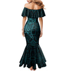 New Zealand Skull Darts Family Matching Mermaid Dress and Hawaiian Shirt Aotearoa Maori Chest Tattoo Stylized Teal - Aussie Hoodie