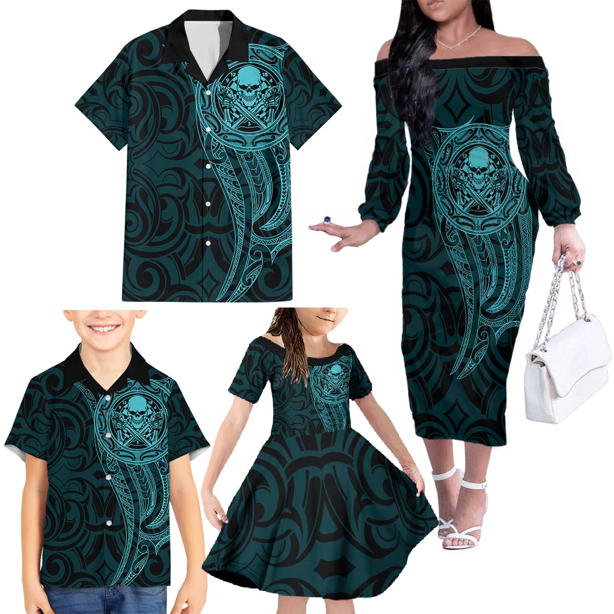 New Zealand Skull Darts Family Matching Off The Shoulder Long Sleeve Dress and Hawaiian Shirt Aotearoa Maori Chest Tattoo Stylized Teal - Aussie Hoodie
