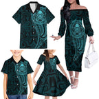 New Zealand Skull Darts Family Matching Off The Shoulder Long Sleeve Dress and Hawaiian Shirt Aotearoa Maori Chest Tattoo Stylized Teal - Aussie Hoodie