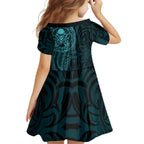 New Zealand Skull Darts Family Matching Off The Shoulder Long Sleeve Dress and Hawaiian Shirt Aotearoa Maori Chest Tattoo Stylized Teal - Aussie Hoodie