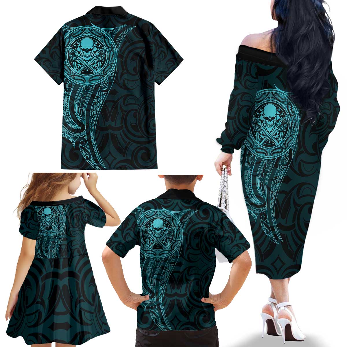 New Zealand Skull Darts Family Matching Off The Shoulder Long Sleeve Dress and Hawaiian Shirt Aotearoa Maori Chest Tattoo Stylized Teal - Aussie Hoodie
