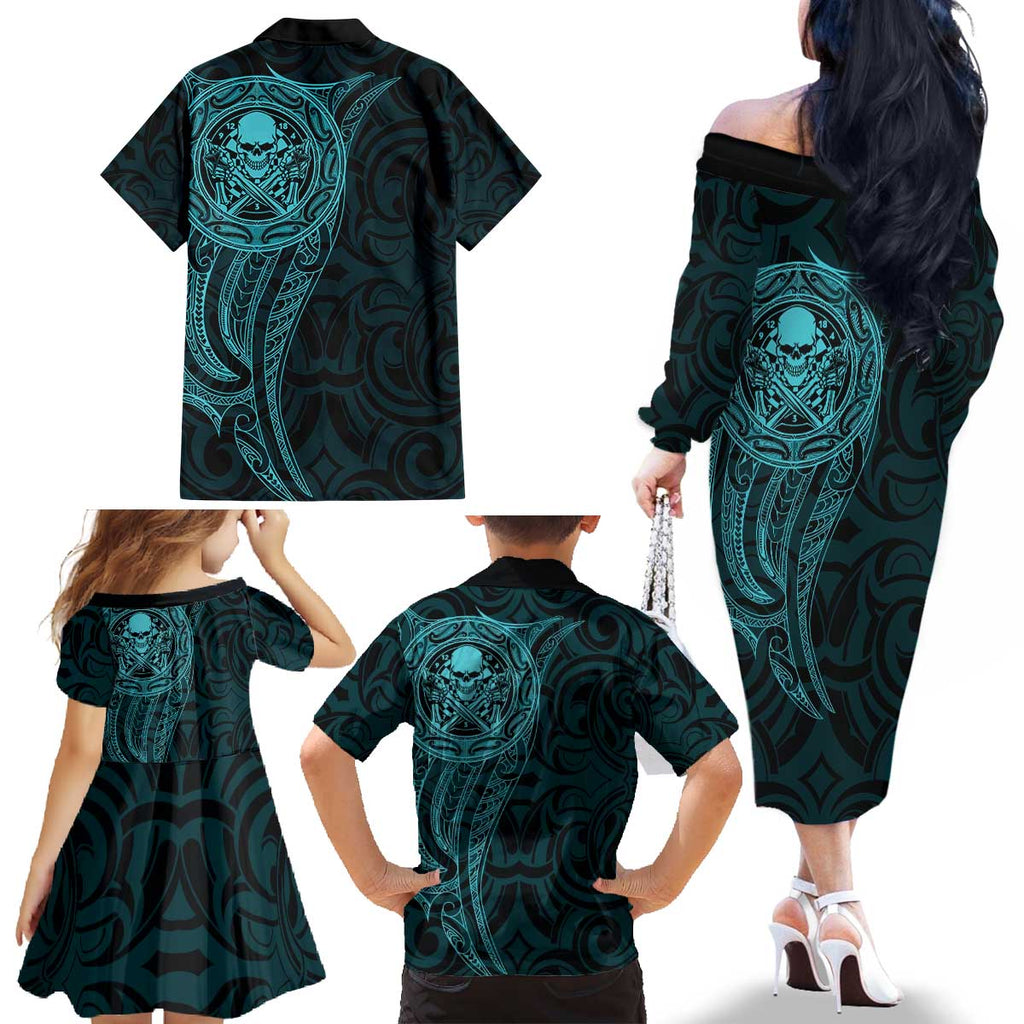 New Zealand Skull Darts Family Matching Off The Shoulder Long Sleeve Dress and Hawaiian Shirt Aotearoa Maori Chest Tattoo Stylized Teal - Aussie Hoodie