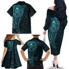New Zealand Skull Darts Family Matching Off The Shoulder Long Sleeve Dress and Hawaiian Shirt Aotearoa Maori Chest Tattoo Stylized Teal - Aussie Hoodie