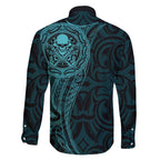 New Zealand Skull Darts Family Matching Off The Shoulder Long Sleeve Dress and Hawaiian Shirt Aotearoa Maori Chest Tattoo Stylized Teal - Aussie Hoodie