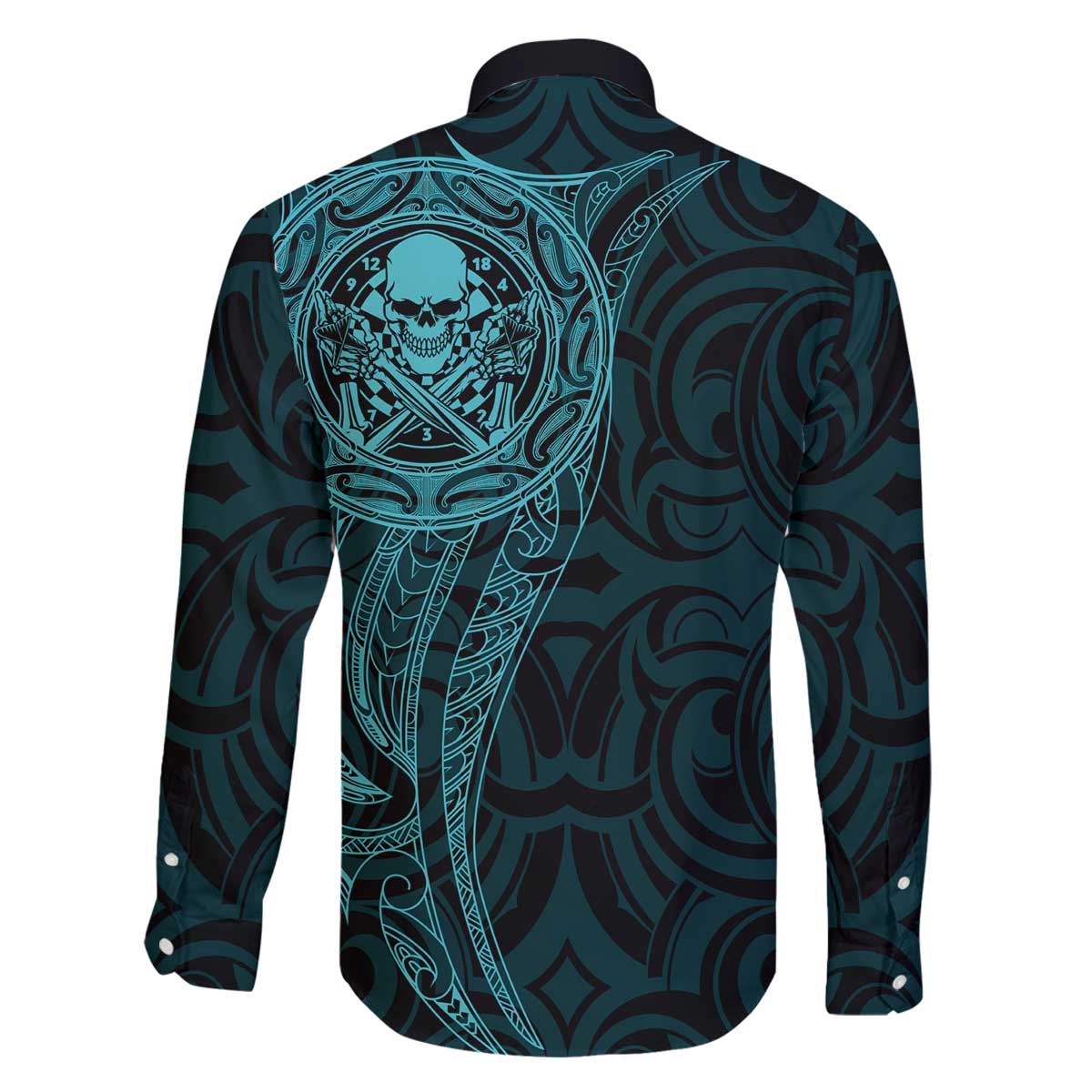 New Zealand Skull Darts Family Matching Off The Shoulder Long Sleeve Dress and Hawaiian Shirt Aotearoa Maori Chest Tattoo Stylized Teal - Aussie Hoodie
