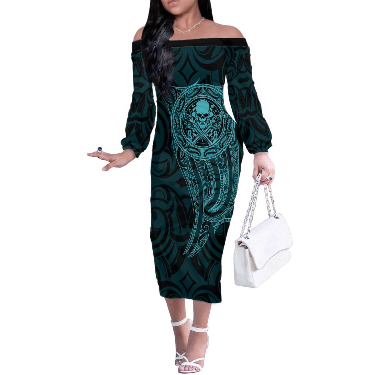 New Zealand Skull Darts Family Matching Off The Shoulder Long Sleeve Dress and Hawaiian Shirt Aotearoa Maori Chest Tattoo Stylized Teal - Aussie Hoodie