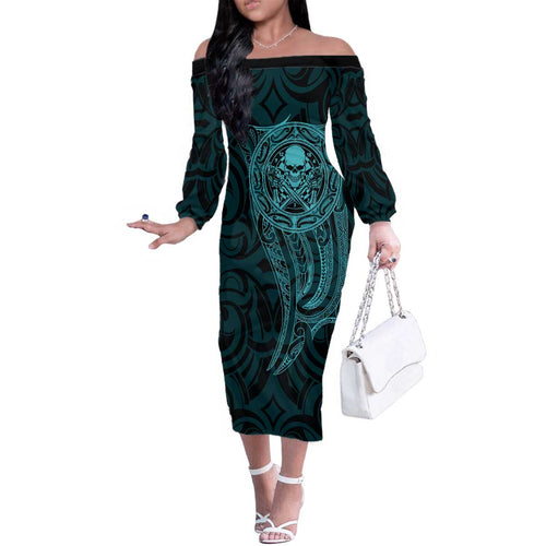 New Zealand Skull Darts Family Matching Off The Shoulder Long Sleeve Dress and Hawaiian Shirt Aotearoa Maori Chest Tattoo Stylized Teal - Aussie Hoodie