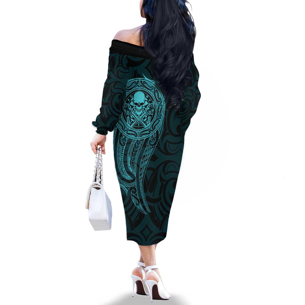 New Zealand Skull Darts Family Matching Off The Shoulder Long Sleeve Dress and Hawaiian Shirt Aotearoa Maori Chest Tattoo Stylized Teal - Aussie Hoodie