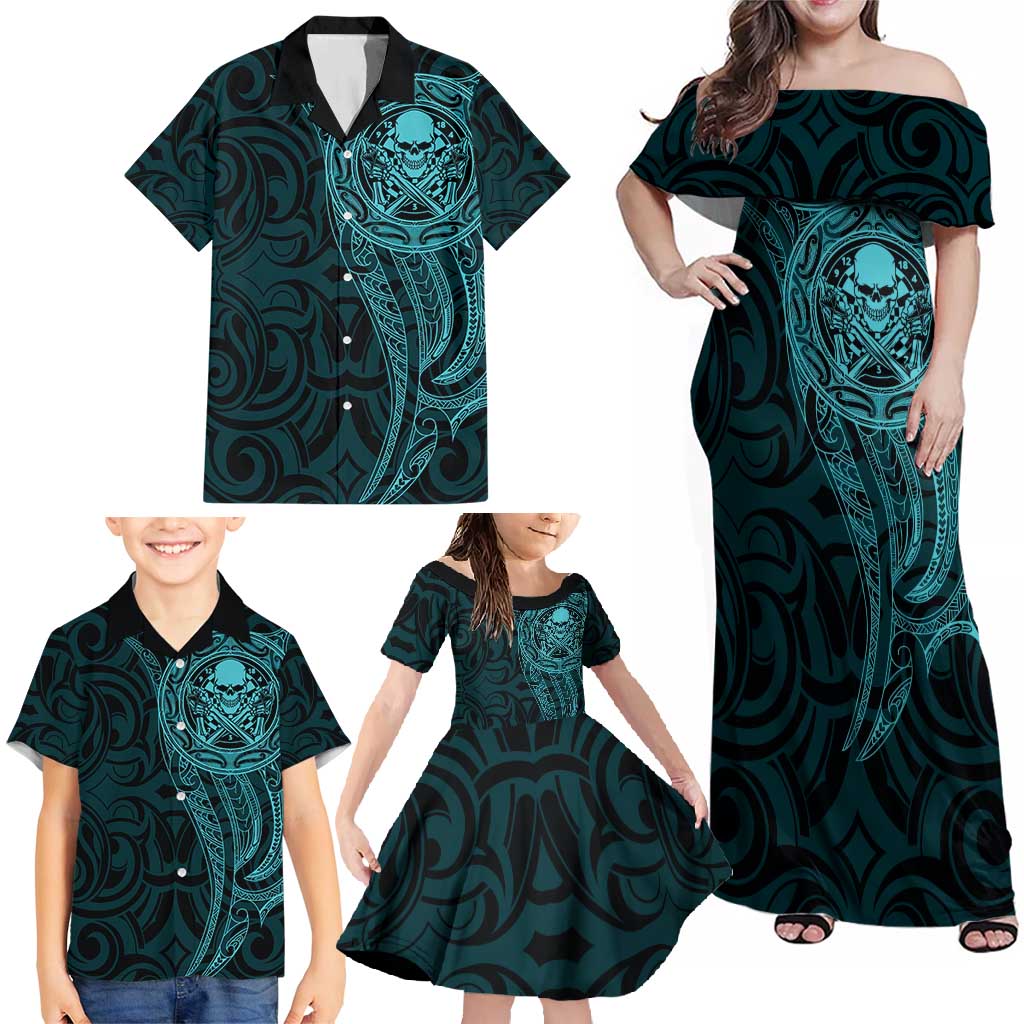 New Zealand Skull Darts Family Matching Off Shoulder Maxi Dress and Hawaiian Shirt Aotearoa Maori Chest Tattoo Stylized Teal - Aussie Hoodie