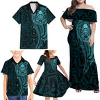 New Zealand Skull Darts Family Matching Off Shoulder Maxi Dress and Hawaiian Shirt Aotearoa Maori Chest Tattoo Stylized Teal - Aussie Hoodie