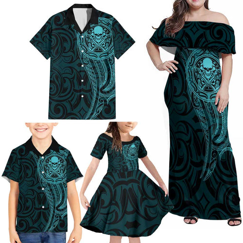 New Zealand Skull Darts Family Matching Off Shoulder Maxi Dress and Hawaiian Shirt Aotearoa Maori Chest Tattoo Stylized Teal - Aussie Hoodie