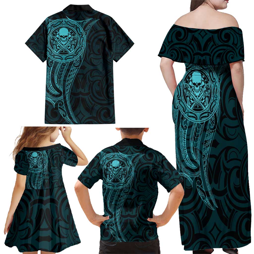 New Zealand Skull Darts Family Matching Off Shoulder Maxi Dress and Hawaiian Shirt Aotearoa Maori Chest Tattoo Stylized Teal - Aussie Hoodie