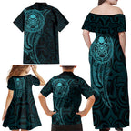 New Zealand Skull Darts Family Matching Off Shoulder Maxi Dress and Hawaiian Shirt Aotearoa Maori Chest Tattoo Stylized Teal - Aussie Hoodie