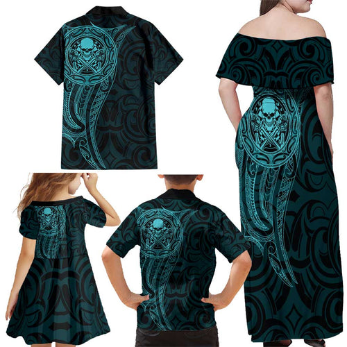 New Zealand Skull Darts Family Matching Off Shoulder Maxi Dress and Hawaiian Shirt Aotearoa Maori Chest Tattoo Stylized Teal - Aussie Hoodie