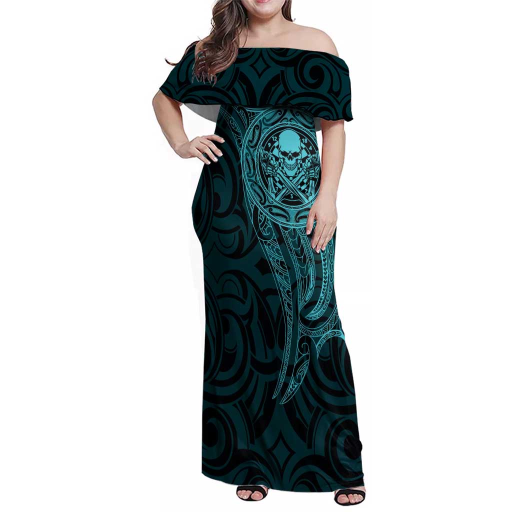 New Zealand Skull Darts Family Matching Off Shoulder Maxi Dress and Hawaiian Shirt Aotearoa Maori Chest Tattoo Stylized Teal - Aussie Hoodie