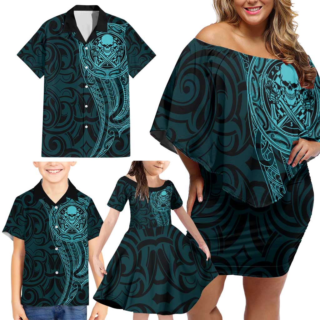 New Zealand Skull Darts Family Matching Off Shoulder Short Dress and Hawaiian Shirt Aotearoa Maori Chest Tattoo Stylized Teal - Aussie Hoodie