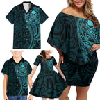 New Zealand Skull Darts Family Matching Off Shoulder Short Dress and Hawaiian Shirt Aotearoa Maori Chest Tattoo Stylized Teal - Aussie Hoodie