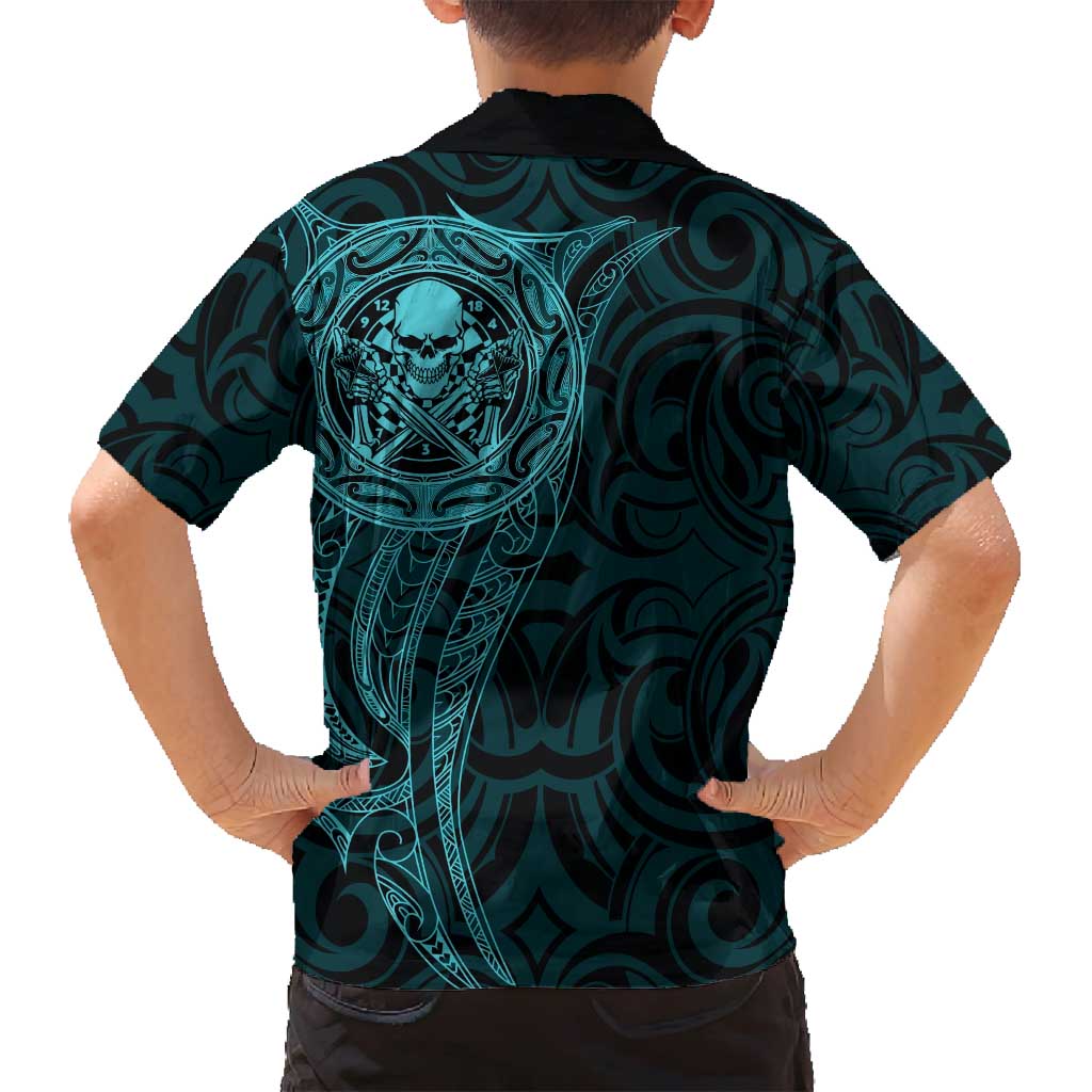New Zealand Skull Darts Family Matching Off Shoulder Short Dress and Hawaiian Shirt Aotearoa Maori Chest Tattoo Stylized Teal - Aussie Hoodie