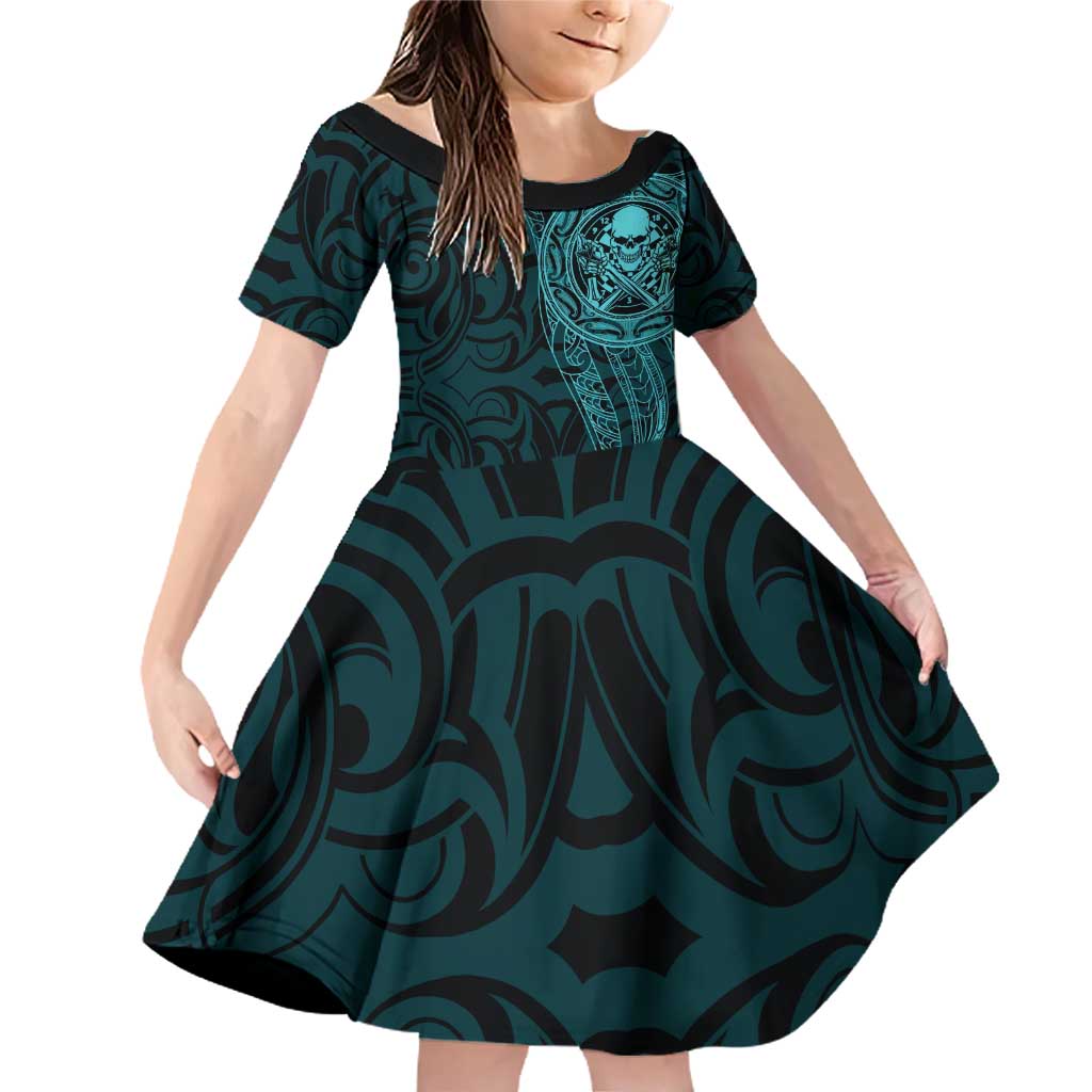 New Zealand Skull Darts Family Matching Off Shoulder Short Dress and Hawaiian Shirt Aotearoa Maori Chest Tattoo Stylized Teal - Aussie Hoodie