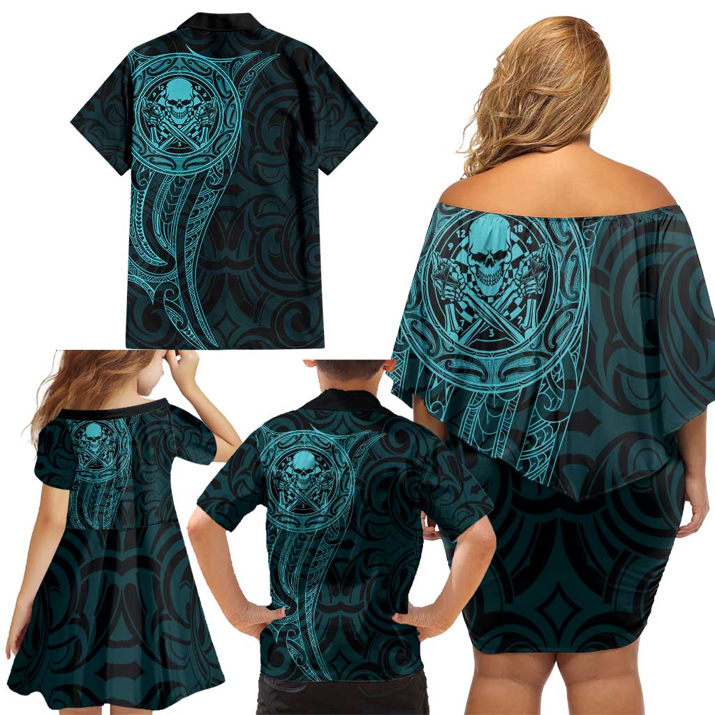 New Zealand Skull Darts Family Matching Off Shoulder Short Dress and Hawaiian Shirt Aotearoa Maori Chest Tattoo Stylized Teal - Aussie Hoodie