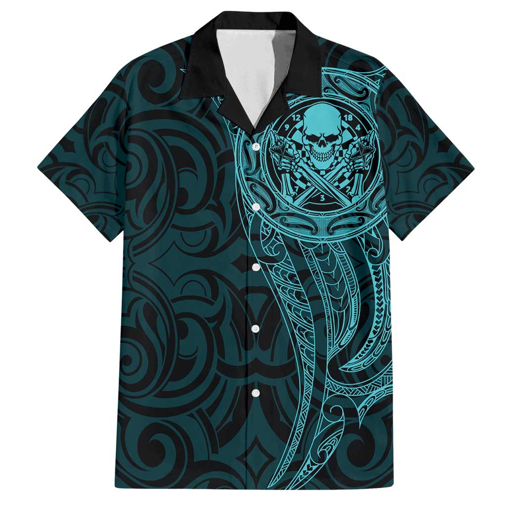 New Zealand Skull Darts Family Matching Off Shoulder Short Dress and Hawaiian Shirt Aotearoa Maori Chest Tattoo Stylized Teal - Aussie Hoodie