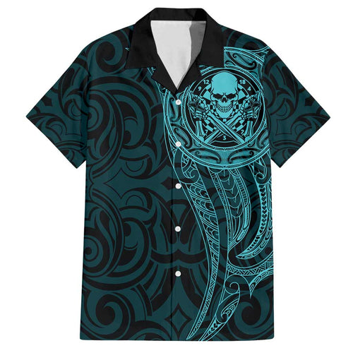 New Zealand Skull Darts Family Matching Off Shoulder Short Dress and Hawaiian Shirt Aotearoa Maori Chest Tattoo Stylized Teal - Aussie Hoodie