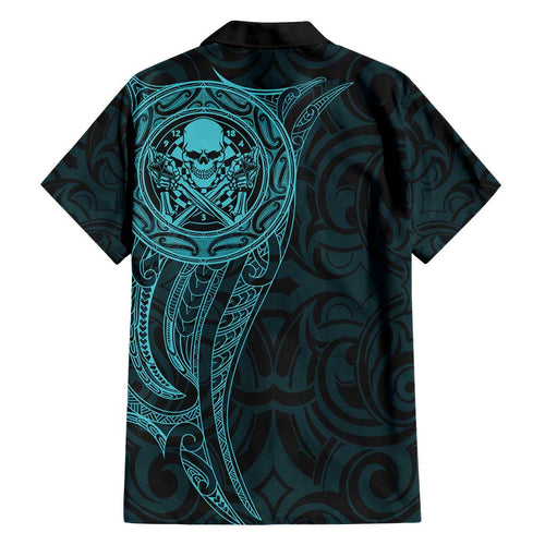 New Zealand Skull Darts Family Matching Off Shoulder Short Dress and Hawaiian Shirt Aotearoa Maori Chest Tattoo Stylized Teal - Aussie Hoodie