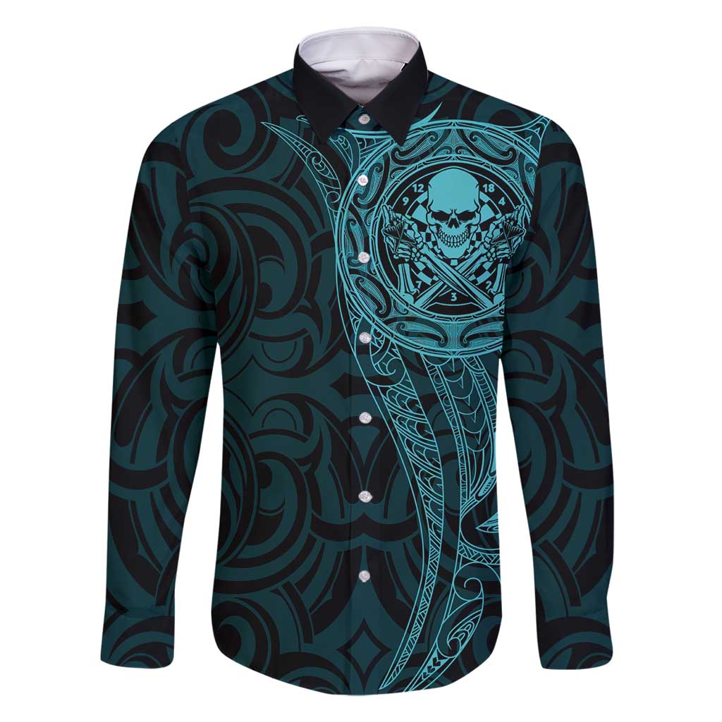 New Zealand Skull Darts Family Matching Off Shoulder Short Dress and Hawaiian Shirt Aotearoa Maori Chest Tattoo Stylized Teal - Aussie Hoodie