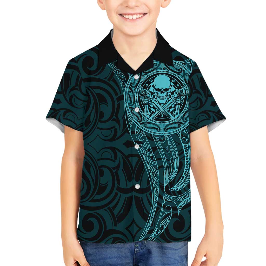 New Zealand Skull Darts Family Matching Off Shoulder Short Dress and Hawaiian Shirt Aotearoa Maori Chest Tattoo Stylized Teal - Aussie Hoodie