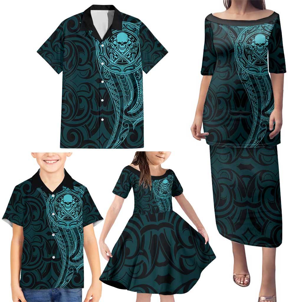 New Zealand Skull Darts Family Matching Puletasi and Hawaiian Shirt Aotearoa Maori Chest Tattoo Stylized Teal - Aussie Hoodie
