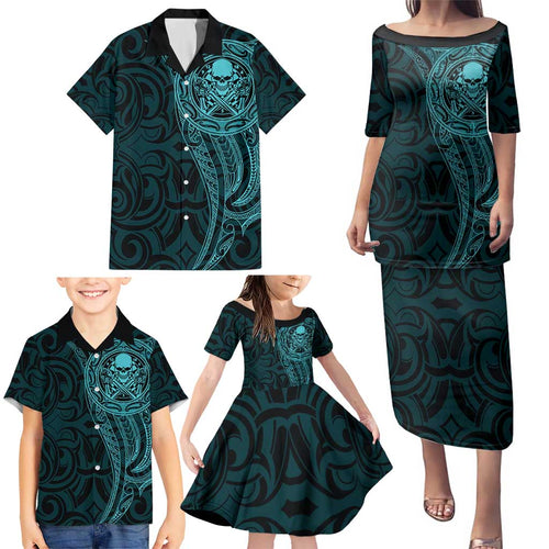 New Zealand Skull Darts Family Matching Puletasi and Hawaiian Shirt Aotearoa Maori Chest Tattoo Stylized Teal - Aussie Hoodie