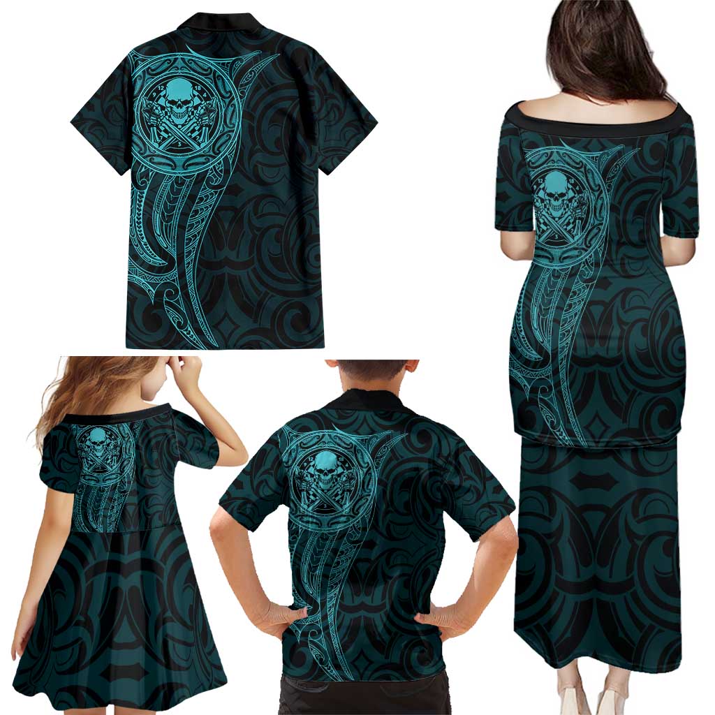 New Zealand Skull Darts Family Matching Puletasi and Hawaiian Shirt Aotearoa Maori Chest Tattoo Stylized Teal - Aussie Hoodie