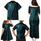 New Zealand Skull Darts Family Matching Puletasi and Hawaiian Shirt Aotearoa Maori Chest Tattoo Stylized Teal - Aussie Hoodie