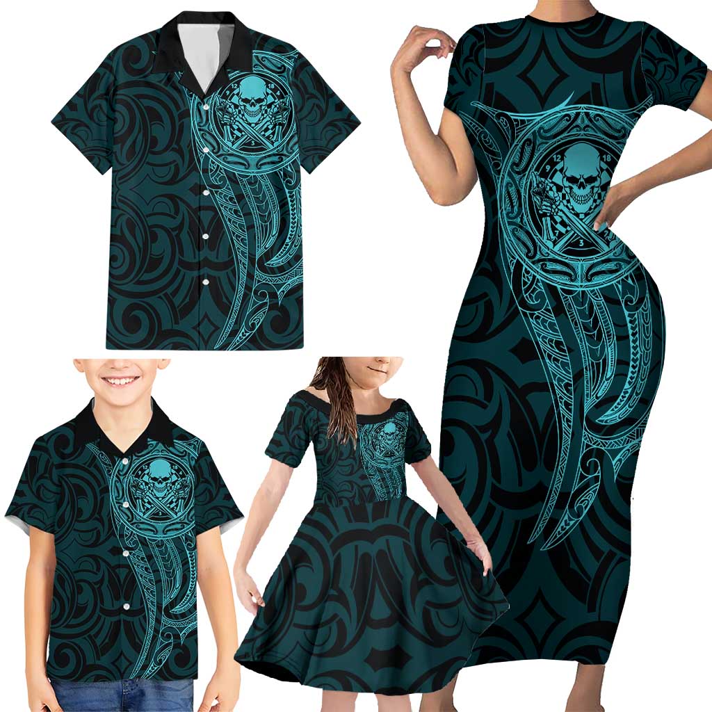 New Zealand Skull Darts Family Matching Short Sleeve Bodycon Dress and Hawaiian Shirt Aotearoa Maori Chest Tattoo Stylized Teal - Aussie Hoodie