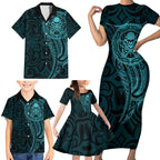 New Zealand Skull Darts Family Matching Short Sleeve Bodycon Dress and Hawaiian Shirt Aotearoa Maori Chest Tattoo Stylized Teal - Aussie Hoodie