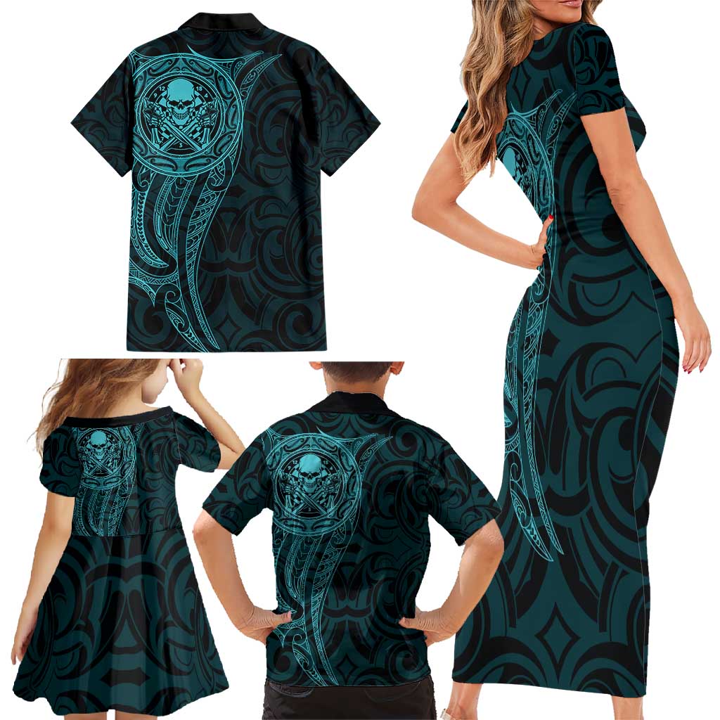 New Zealand Skull Darts Family Matching Short Sleeve Bodycon Dress and Hawaiian Shirt Aotearoa Maori Chest Tattoo Stylized Teal - Aussie Hoodie