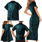 New Zealand Skull Darts Family Matching Short Sleeve Bodycon Dress and Hawaiian Shirt Aotearoa Maori Chest Tattoo Stylized Teal - Aussie Hoodie