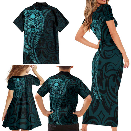 New Zealand Skull Darts Family Matching Short Sleeve Bodycon Dress and Hawaiian Shirt Aotearoa Maori Chest Tattoo Stylized Teal - Aussie Hoodie
