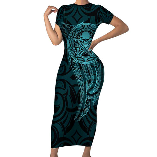 New Zealand Skull Darts Family Matching Short Sleeve Bodycon Dress and Hawaiian Shirt Aotearoa Maori Chest Tattoo Stylized Teal - Aussie Hoodie