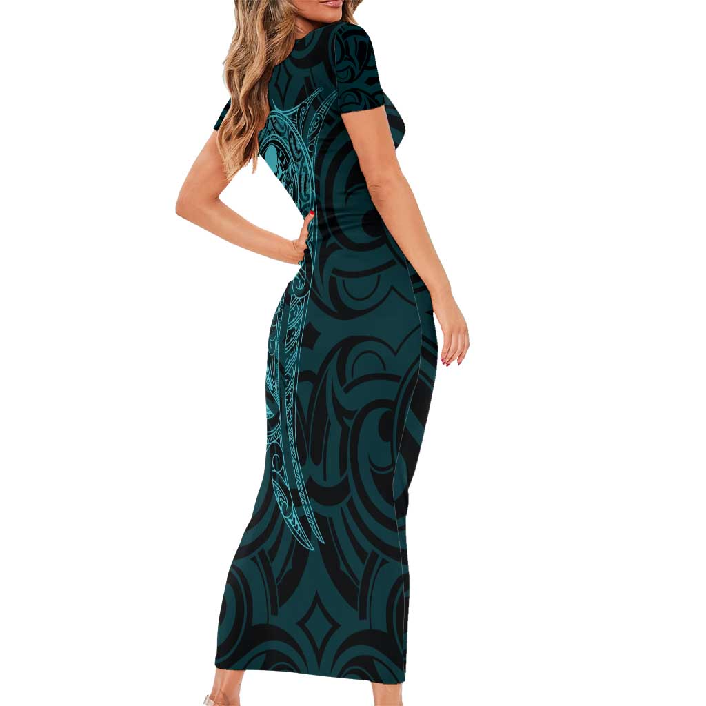 New Zealand Skull Darts Family Matching Short Sleeve Bodycon Dress and Hawaiian Shirt Aotearoa Maori Chest Tattoo Stylized Teal - Aussie Hoodie