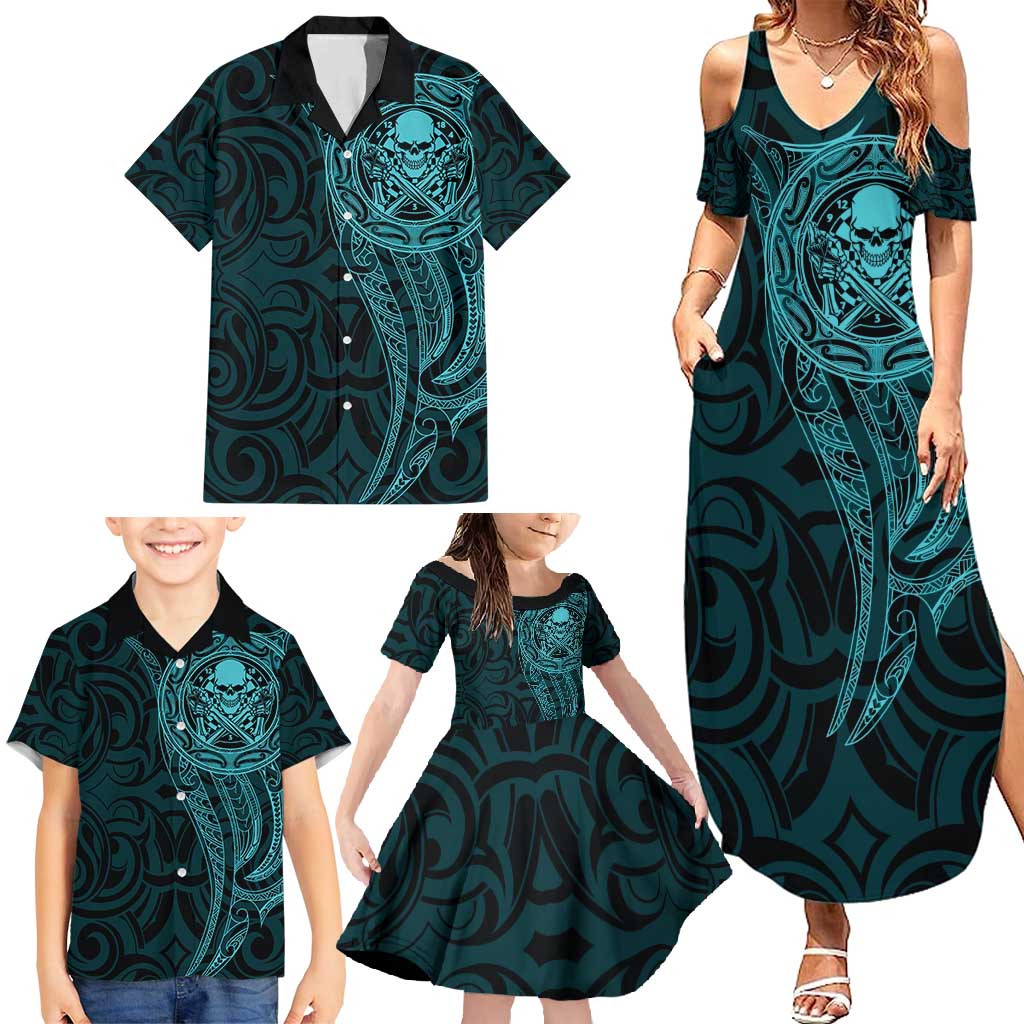 New Zealand Skull Darts Family Matching Summer Maxi Dress and Hawaiian Shirt Aotearoa Maori Chest Tattoo Stylized Teal - Aussie Hoodie