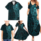 New Zealand Skull Darts Family Matching Summer Maxi Dress and Hawaiian Shirt Aotearoa Maori Chest Tattoo Stylized Teal - Aussie Hoodie