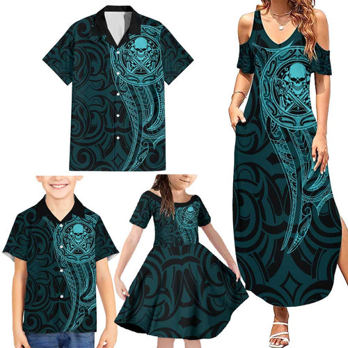 New Zealand Skull Darts Family Matching Summer Maxi Dress and Hawaiian Shirt Aotearoa Maori Chest Tattoo Stylized Teal - Aussie Hoodie
