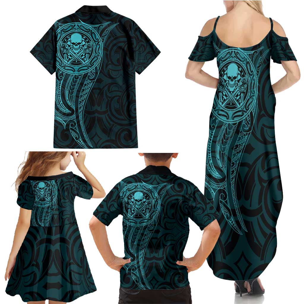New Zealand Skull Darts Family Matching Summer Maxi Dress and Hawaiian Shirt Aotearoa Maori Chest Tattoo Stylized Teal - Aussie Hoodie