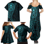 New Zealand Skull Darts Family Matching Summer Maxi Dress and Hawaiian Shirt Aotearoa Maori Chest Tattoo Stylized Teal - Aussie Hoodie